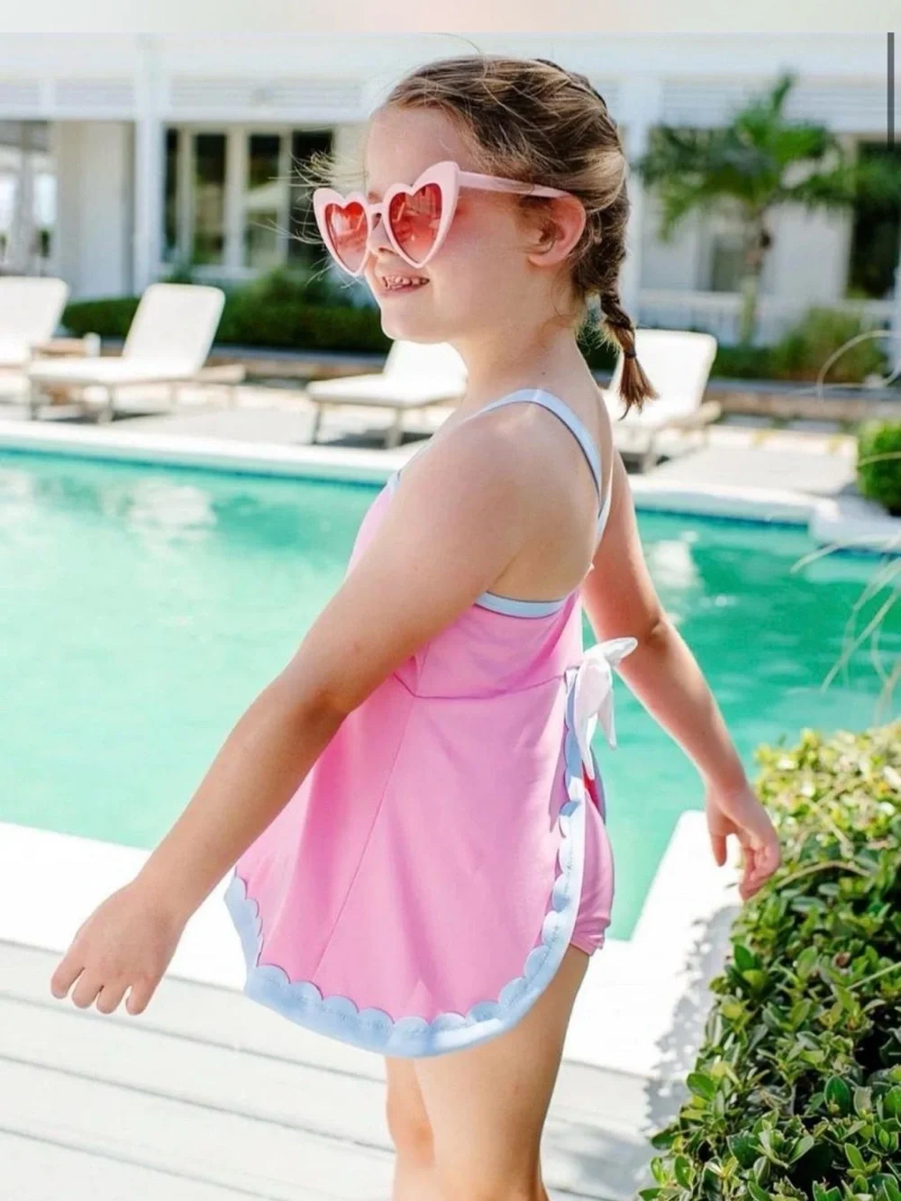 The Beaufort Bonnet Company Pink Swim Dress with Light Blue Trim and bow